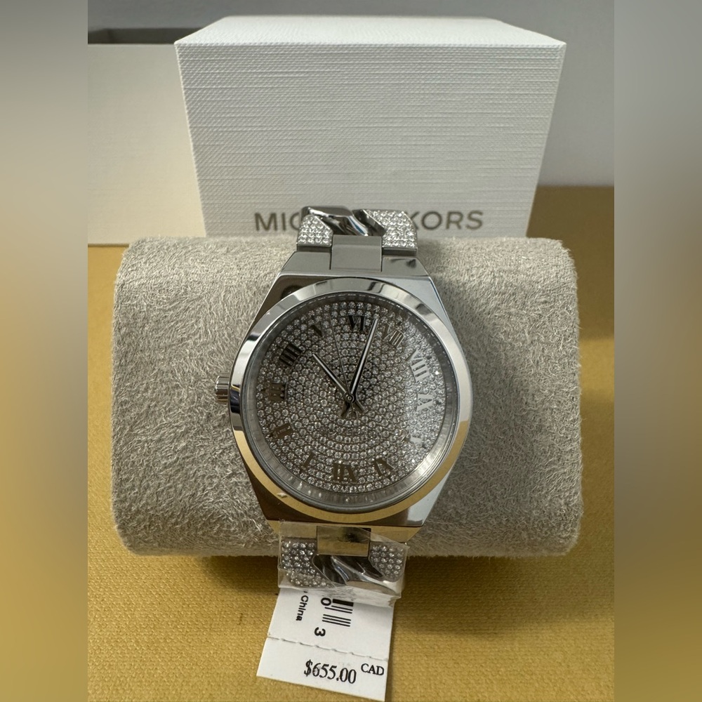 Michael Kors Lennox Pavé Silver-Tone Crystal-Embellished Curb-Link Watch
